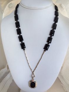 "Free Shipping on orders over $35.00 however if there is a return buyer to refund seller for the free shipping cost to seller. Black Jet Dome Rectangular Onyx Bead Sterling Silver 925 Station Necklace Unique Designer Bracelet Stunning Design Shiny Black Stones Measures - 21\" + Dangle Pendant - 1.17\" x 0.83\" or 20.85mm x 29.60mm Marked 925 = Sterling SilverFree Shipping on orders over $35.00 however if there is a return buyer to refund seller for the free shipping cost to seller. Free Shipping Black Handmade Necklace With Rectangular Pendant, Handmade Black Jewelry With Square Pendant, Elegant Rectangular Polished Beads Jewelry, Rectangular Black Beads Jewelry Gift, Rectangular Black Beads Jewelry As Gift, Rectangular Black Beaded Jewelry Gift, Black Jet, Designer Bracelet, Black Stones