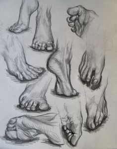 several feet are shown with different angles and shapes in the drawing process, as well as one