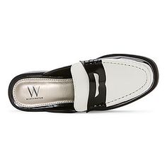 a black and white loafer with the letter w on it's front side