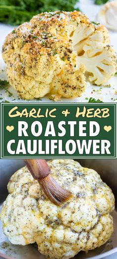 garlic and herb whole roasted cauliflower on a plate with the title above it