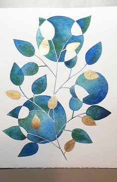 a watercolor painting of blue and gold leaves