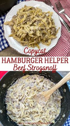 two pictures showing different types of hamburger helper beef stroganoni in a skillet