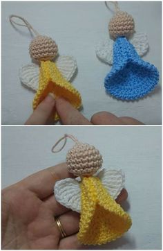 crocheted angel ornament being held up by someone's hand, and another photo of the same item