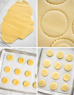 four pictures showing how to make homemade pie crusts and then place them in the pan