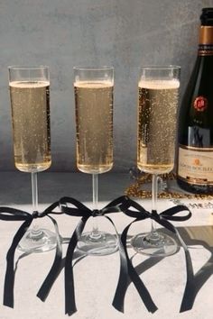 New Years Eve Night In, Classy New Years Party, Bow Champagne Glasses, Champagne Problems Bachelorette, Bows On Glasses, Champagne Glasses With Bows, Bows On Champagne Glasses, Bow Cake Pops, Cute 21st Birthday Ideas