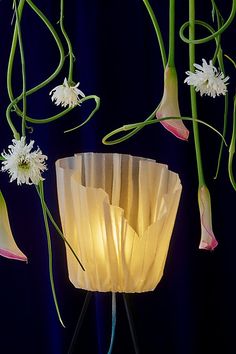 a vase filled with flowers on top of a blue table next to a black curtain