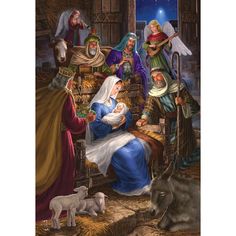 a nativity scene with baby jesus in the manger, surrounded by other people