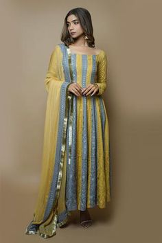 Shop for Ahi Clothing Yellow Chikankari Anarkali Palazzo Set for Women Online at Aza Fashions Anarkali Kurti Design, Chikankari Anarkali Suits, Chikankari Fabric, Churidar Sleeves, Yellow Dupatta, Simple Kurtis, Chikankari Anarkali, Anarkali Suits Designer, Round Dress