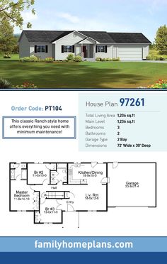 the floor plan for this modern home is shown in blue and white, with an attached garage