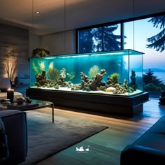 an aquarium in the middle of a living room