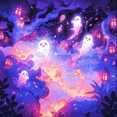 an image of halloween scene with ghost's in the sky