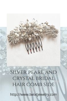 Our Silver pearl and crystal bridal hair comb is a modern version of a vintage design that will give timeless beauty to any wedding hairdo. With its bold yet feminine design, this bridal hair comb is ideal for a side-parted bridal hairstyle, but it can also be used on half-up hairstyles, as well as on a classic low bun or a high chignon for a more formal look. High Chignon, Classic Low Bun, Bridal Hair Comb Side, Wedding Hairdo, Wedding Comb