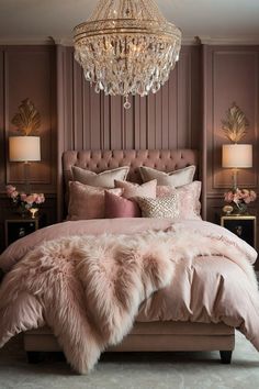 a luxurious bedroom with pink bedding and chandelier hanging from the headboard