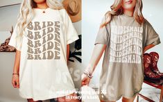 This retro inspired bride and bridesmaid shirt is perfect for your bach party! The comfort colors shirt is super comfy and soft, and has a very cool aesthetic style.  NOTE: The listing is for 1 shirt. If you would like 2 or more matching shirts, you need to add 2 or more shirts in the colors/sizes that you would like.  This shirt has a relaxed fit. For a more oversized look size up 1/2 sizes from your normal size.  Please check the product dimensions in the photo section, to confirm the right size for you.    CUSTOMIZATION: If you would like this design on another medium or in another color, please feel free to reach out to me, we'd love to help out! Please note that there might be some color variation due to the display colors and settings in your phone, computer or tablet.  This comfort Short Sleeve Summer Wedding Tops, Summer Wedding Tops With Short Sleeves, Short Sleeve Graphic Print Shirt For Wedding, Summer Wedding Tops With Graphic Print, Customizable Short Sleeve Tops For Wedding, Customizable Short Sleeve Wedding Tops, White Graphic Print Shirt For Wedding, Summer Wedding Cotton Shirt, Bride And Bridesmaid Shirts