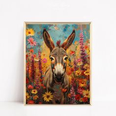 a painting of a donkey surrounded by flowers