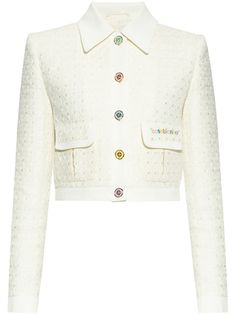 white/multicolour cotton tweed embroidered logo to the side multicolour logo buttons spread collar front button fastening long sleeves buttoned cuffs two side flap pockets straight hem cropped Casablanca Outfit, Racing Shirts, City Dress, Summer Beach Wear, Crop Jacket, Tweed Jacket, Logo Embroidered, Daily Outfits, Jacket Tops