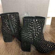 Vince Camuto Suede Black Booties With Beading Detail. 2 Inch Heel. Never Been Worn, Comes With Original Box And Tags. Suede Ankle Boot Booties For Party, Suede Ankle Booties For Party, Embellished Ankle-high Evening Boots, Glamorous Studded Leather Boots, Winter Embellished Ankle Boot Heels, Chic Embellished Ankle-high Boots, Party Ankle Boots With Silver Studs, Embellished Closed Toe Boots For Formal Occasions, Formal Embellished Closed Toe Boots