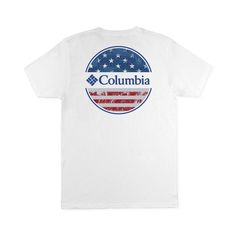 A Circular Logo Graphic At The Front Brings A Cool Finish This Lightweight Crewneck From Columbia. White Crew Neck Top With Flag Print, White Cotton Shirt Made In Usa, Casual White Tops Made In Usa, White Graphic Tee Made In Usa, White Summer T-shirt Made In Usa, White Casual Shirt With Flag Print, Casual White Shirt With Flag Print, White Short Sleeve Tops Made In Usa, White Tops Made In Usa For Summer