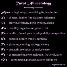 the tarot numerology text description on a black background with pink lettering and white writing