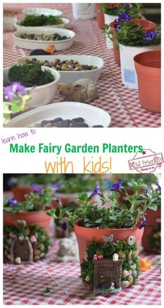 some potted plants are sitting on a table with the words make fairy garden planters with kids