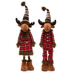 two stuffed animals dressed in red and black plaid outfits with antlers on their heads