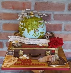 there is a cake that looks like an earth globe on top of some suitcases