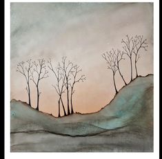 a painting of trees on a hill at sunset