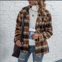 The Perfect Jacket For Winter! Plaid Long Sleeve Fleece Jacket For Winter, Plaid Fleece Jacket For Winter, Plaid Outerwear For Cold Weather In Fall, Plaid Outerwear For Outdoor Fall Events, Cozy Plaid Winter Outerwear, Plaid Fleece Jacket With Pockets For Fall, Trendy Plaid Outerwear For Cold Weather, Casual Fleece Jacket For Cold Fall Weather, Jacket For Winter