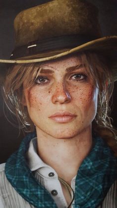 a woman with freckled hair wearing a hat