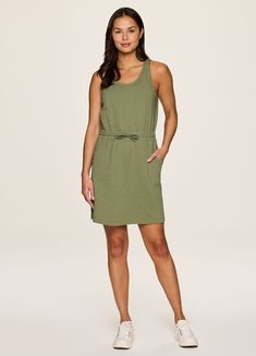 Olive Versatile Summer Loungewear Dresses, Casual Stretch Dresses For Daywear, Spring Dresses With Drawstring Tie For Daywear, Casual Stretch Dresses For Loungewear, Casual Stretch Loungewear Dresses, Spring Loungewear Dresses With Elastic Waistband, Spring Cotton Dress With Drawstring, Casual Loungewear Dresses With Tie Waist, Comfortable Sleeveless Spring Dresses