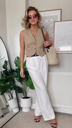 Neutral Vest Outfit, Summer Waistcoat Outfit, Buttoned Vest Outfit, Waistcoat Outfit Women Summer, Button Down Vest Outfits For Women, Button Vest Outfits For Women, Women’s Vest Top Outfit, Khaki Vest Outfit Women