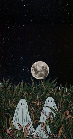 two white ghost sitting in the grass under a full moon