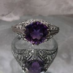 Amethyst Ring/ Solid Sterling Silver / 2ct Round Cut Purple | Etsy Purple Amethyst Ring With Intricate Design, Formal Amethyst Ring With Intricate Design, Formal Purple Amethyst Ring With Filigree, Heirloom Purple Amethyst Ring With Intricate Design, Intricate Amethyst Wedding Ring, Art Deco Purple Amethyst Wedding Ring, Intricate Amethyst Ring For Wedding, Heirloom Amethyst Filigree Ring In Purple, Heirloom Style Purple Amethyst Ring With Filigree