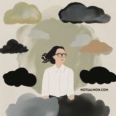 a woman sitting on top of a cloud filled sky