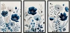 three blue and white floral paintings on a wall