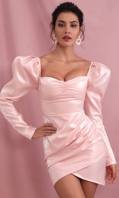 Flashback Friday Light Pink Long Sleeve Puff Shoulder Sweetheart Neck – Indie XO Satin Shirt Dress, Party Mini Dress, Quality Dresses, Pink Skirt, Pink Mini Dresses, Long Sleeve Mini, Solid Dress, Bandage Dress, Mini Dress Party