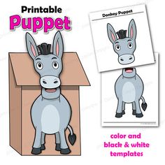 a donkey is standing in front of a box with the words printable puppett on it