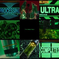 several different images with green and black text