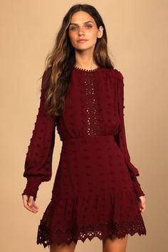 Burgundy Midi Dress - Ruffled Midi Dress - Embroidered Midi Dress - Lulus Red Lace Long Sleeve Dress, Stage Aesthetic, Long Sleeve Lace Mini Dress, Lace Long Sleeve Dress, Wine Red Dress, Long Sleeve Embroidered Dress, Best Wedding Guest Dresses, Christmas Outfits Women, Rehearsal Dinner Dresses