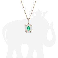 JP0111-EM-ENWH-Y 'Queen' Octagon White Enamel Pendant with Emerald and Diamonds in 18K Yellow Gold. Stone Size: 5 x 3 mm (Emerald) Approx. Stone Wt: 0.21 Carats (Emerald) Diamonds: G-H / VS, Approx. Wt: 0.09 Carats Luxury Oval Tsavorite Jewelry, Luxury Tsavorite Jewelry With Gemstone Accents, Luxury Emerald Gemstone Necklace, Luxury May Birthstone Necklace With Diamond Accents, White Emerald Jewelry With Diamond Accents, Luxury Yellow Gold Emerald Necklace, Luxury Green Jewelry With Detachable Pendant, Luxury Emerald Rectangular Pendant Jewelry, Luxury Emerald Pendant Necklace