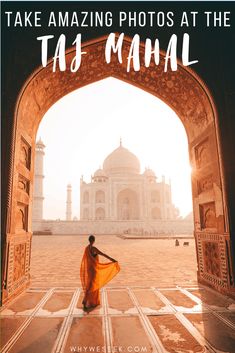 a woman in an orange sari is looking out at the taj - naal