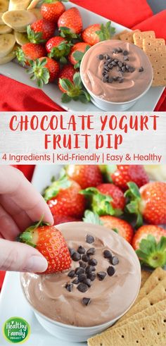 chocolate yogurt fruit dip with strawberries and crackers in the background, on a white plate