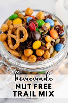 homemade nut free trail mix in a glass jar with pretzels and pretzels