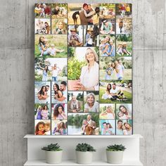 a photo collage is displayed on a wall above a shelf with two planters