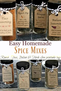 homemade spice mixes in glass jars with labels on the top and bottom, labeled easy homemade spice mixes