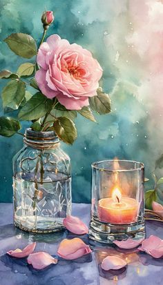 a painting of a pink rose in a glass vase next to a candle