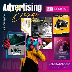 advertising design contest flyer with man in yellow shirt and black apron holding up an ipad