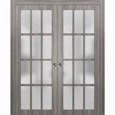 a double door with glass panels on the front and side doors in grey wood, isolated against a white background