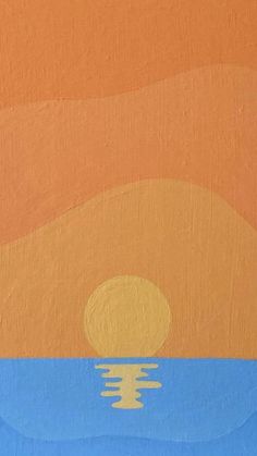 an orange and blue painting with the sun setting over water