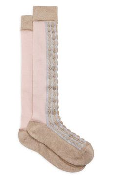 Put your best foot forward with the unique design of this calf-length sock from the Belgian designer's debut collection—aptly titled '50/50.' Chunky cables trail down the front, while a translucent panel offers breathable comfort at the back. Wool/nylon/polyurethane Hand wash, dry flat Imported Fabric Gift Bags, Short Socks, Fabric Gifts, Free Fabric, Print Gifts, 50 50, Hosiery, Gift Bag, Unique Design